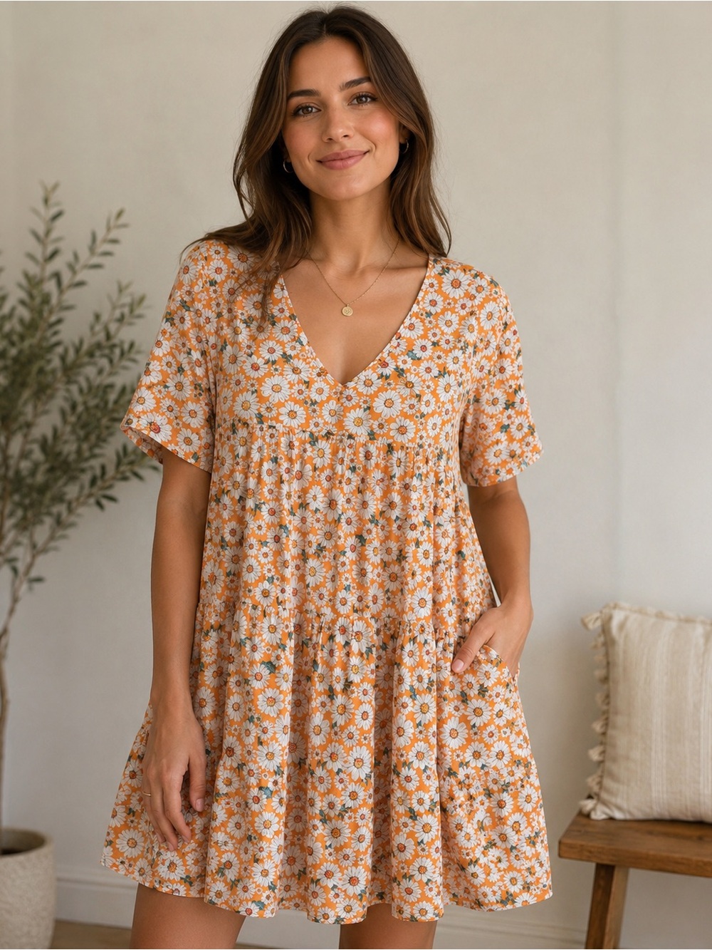 Petal & Pup Babydoll V-Neck Flower Orange Short Sleeve Dress Daisy Floral